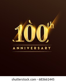 100th anniversary glowing logotype with confetti golden colored isolated on dark background, vector design for greeting card and invitation card.