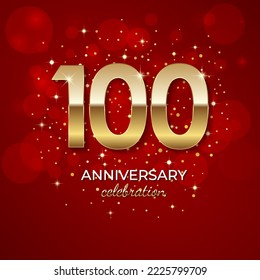 100th Anniversary. Golden number 100 with sparkling confetti and glitters for celebration events, weddings, invitations and greeting cards. Realistic 3d sign. Vector festive illustration