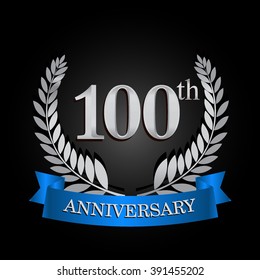 100th anniversary logo with blue ribbon and laurel wreath, vector template for birthday celebration.