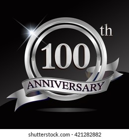 100th anniversary logo with blue ribbon and silver shiny badge, vector design for birthday celebration