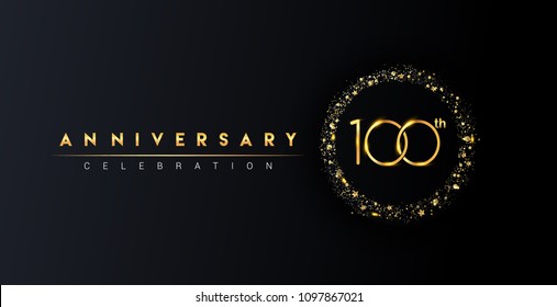 100th anniversary logo with confetti and golden glitter ring isolated on black background, vector design for greeting card and invitation card.