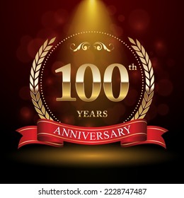 100th Anniversary. Anniversary logo design with Laurel wreath and red ribbon for celebration event, wedding, invitation, greeting card. Vector illustration