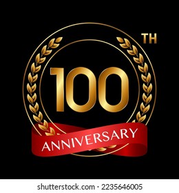 100 Aniversario. Diseño del logotipo del aniversario con Laurel Wreath y Red Ribbon para la celebración, Boda, Invitación, Tarjeta de felicitación. Ilustración del vector de logotipo