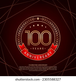 100th anniversary logo with golden laurel wreath and double line numbers, logo design for anniversary celebration event, double line style vector design