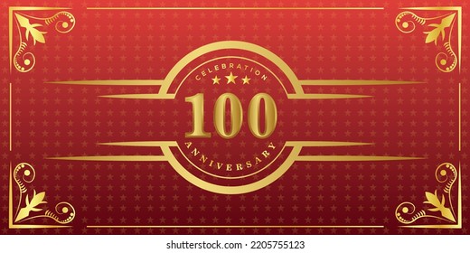 100th Anniversary Logo With Golden Ring, Confetti And Gold Border Isolated On Elegant Red Background, Sparkle, Vector Design For Greeting Card And Invitation Card
