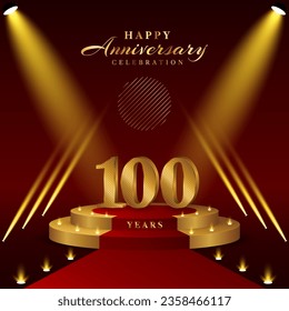 100th anniversary logo with numbers and podium in gold color, logo design for celebration event, invitation, greeting card, banner, poster, and flyer, vector template
