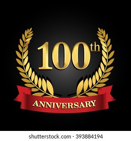 100th anniversary logo with red ribbon and golden laurel wreath, vector design for birthday celebration.