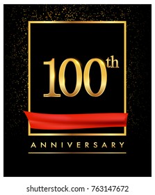 100th anniversary logo with red ribbon  and confetti golden colored isolated on elegant background, vector design for greeting card and invitation card