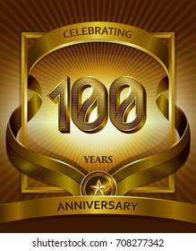 100th anniversary logo. Vector and illustration with ribbon shiny gold