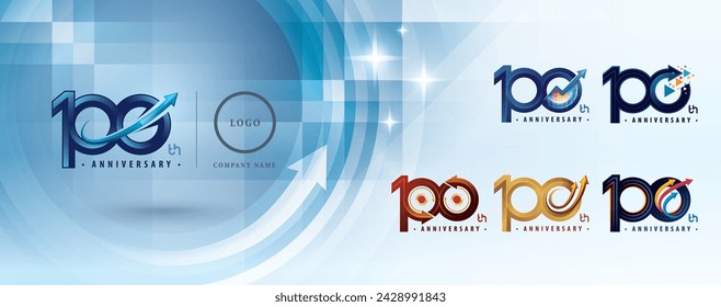 100th Anniversary logotype design, Hundred years Anniversary Logo multiple line for celebration event, Abstract Logo 100 Circle Arrow, Graph Growth to Success Concept, Upward Curved Arrow Right to Top