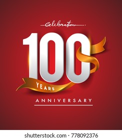 100th anniversary logotype with golden ribbon isolated on red elegance background, vector design for birthday celebration, greeting card and invitation card.