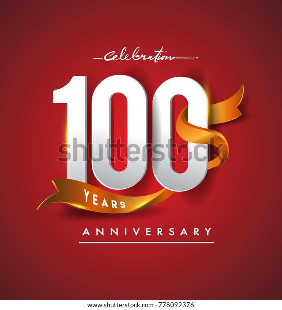 100th anniversary logotype with\
golden ribbon isolated on red elegance background, vector design\
for birthday celebration, greeting card and invitation\
card.