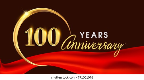 100th anniversary logotype with golden ring isolated on red ribbon elegant background, vector design for birthday celebration, greeting card and invitation card.