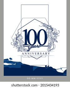 100th Anniversary logotype with hand drawn background blue color for celebration event, wedding, greeting card, and invitation.