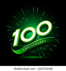 100th anniversary neon text vector design template. green number neon logo, light banner design element colorful design trend, night bright advertising neon text anniversary event party template