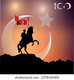 100th anniversary of the Republic of Turkey. Atatürk on horseback holding the Turkish Flag.