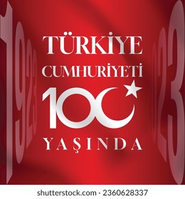 100th anniversary of the Republic of Turkiye vector. Turkiye Cumhuriyeti 100 yasinda or Republic of Turkey is 100 years old text on image.