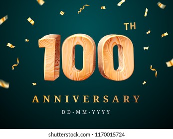 100th anniversary sign with falling confetti. Hundredth year for business celebration or wooden centesimal company quality sign. Advertisement and congratulation, corporate party theme
