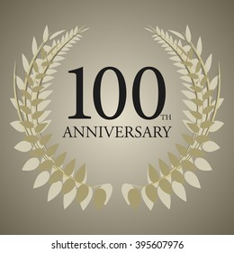 100th anniversary text with laurel leaves. Golden colors.