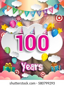 100th Birthday Celebration Greeting Card Design, With Clouds And Balloons. Vector Elements For The Celebration Party Of One Hundred Years Anniversary