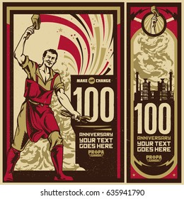 100th celebration vintage propaganda anniversary poster and elements. Isolated artwork object. Suitable for any print media need.