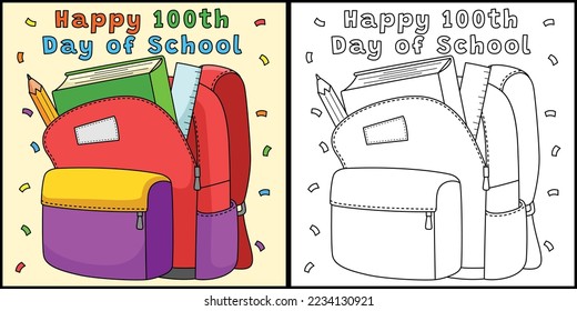 Ilustración de la página de Coloración de Bolsas Escolares del 100° Día de la Escuela