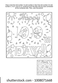 100th day of school learning celebration themed connect the dots picture puzzle and coloring page  - Happy 100th day! - greeting text. Answer included.