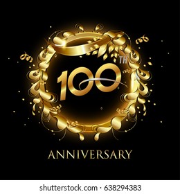 100th gold anniversary celebration With confetti, ring, and abstract elements, isolated on dark background