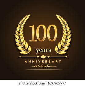 100th gold anniversary celebration logo with golden color and laurel wreath vector design.