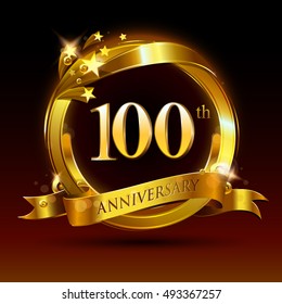 100th golden anniversary logo, 100 years anniversary celebration with ring and ribbon.