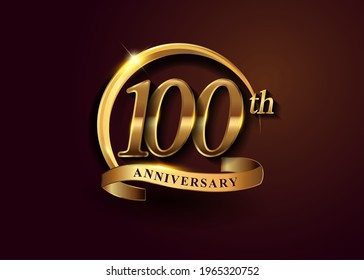 100th golden anniversary logo with gold ring and golden ribbon, vector design for birthday celebration, invitation card.
