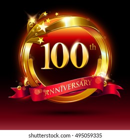 100th golden anniversary logo. with ring and red ribbon.