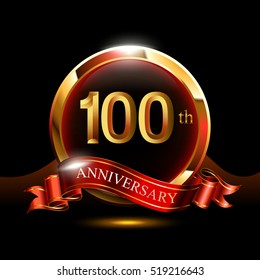 100th golden anniversary logo. with ring and red ribbon