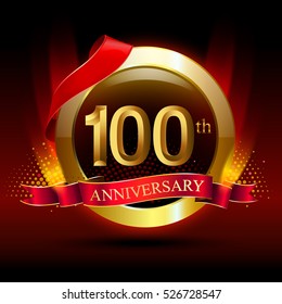 100th golden anniversary logo with ring and red ribbon. Vector design template elements for your birthday celebration.