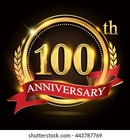 100th golden anniversary logo, with shiny ring and red ribbon, laurel wreath isolated on black background, vector design