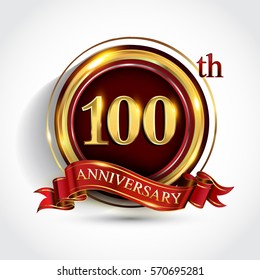 100th golden anniversary logo,one hundred years birthday celebration with ring and red ribbon isolated on white background