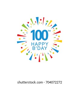 100th Happy Birthday logo, circle shape, colorful sunburst, red blue green yellow color