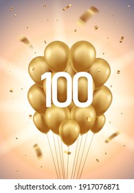 100th Year anniversary celebration background. Golden balloons and confetti with sunbeams in background.
