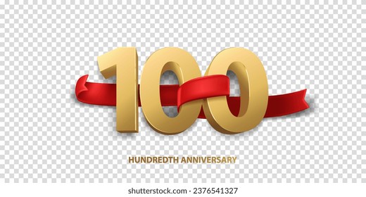 100th Year anniversary celebration background. 3D Golden number wrapped with red ribbon and confetti, isolated on transparent background.