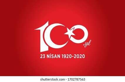 100th year logo. 100.Year Children's Day April 23 red Turkish flag Vector Illustration. 100th Anniversary. 100th anniversary logo with Turkish flags.