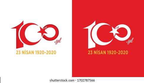 100th year logo. 100.Year Children's Day April 23 red Turkish flag Vector Illustration. 100th Anniversary. 100th anniversary logo with Turkish flags.