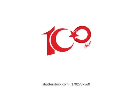 100th year logo. Vector Illustration of the 100th year red Turkish flag.100th anniversary logo with Turkish flags. 100.Year Children's Day and October 29 Republic Day.