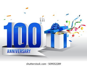 100th years anniversary background with ribbon, confetti and gift on white. Poster or brochure template. Vector illustration.