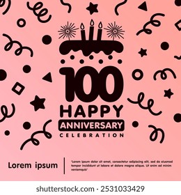 100th years anniversary celebration emblem. Happy anniversary logo isolated birthday cake and candle with confetti line doodle. vector illustration template design for web, flyers, poster, greeting