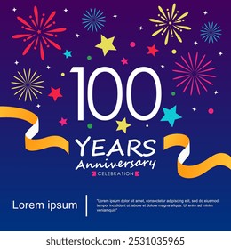 100th years anniversary celebration emblem logo isolated with ribbon, stars and fireworks sparkle twinkle. vector illustration template design for web, flyers, poster, invitation card, greeting card