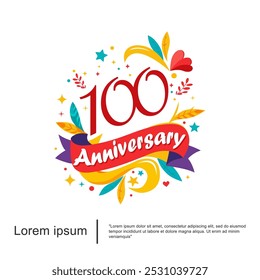 100th years anniversary celebration emblem logo isolated colorful and cheerful with leaves, ribbons and stars on white background. vector illustration template design for web, flyers, poster, greeting