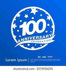 100th years anniversary celebration emblem. white anniversary logo isolated with ribbon and stars ball on blue background. vector illustration template design for web, flyers, poster, greeting card