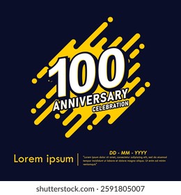 100th years anniversary celebration emblem. anniversary logo isolated with diagonal rounded lines geometric shape on dark blue background. vector illustration template design 