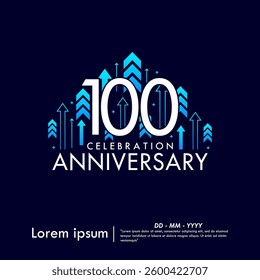 100th years anniversary celebration emblem. anniversary logo isolated with arrows up to target on dark blue background. vertical line. vector illustration template design