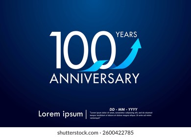 100th years anniversary celebration emblem. anniversary logo isolated with arrow growth up and blue ribbon on dark blue background. vector illustration template design